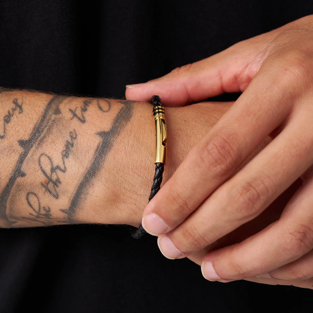 Black Leather Bracelet (Gold) - Image 2
