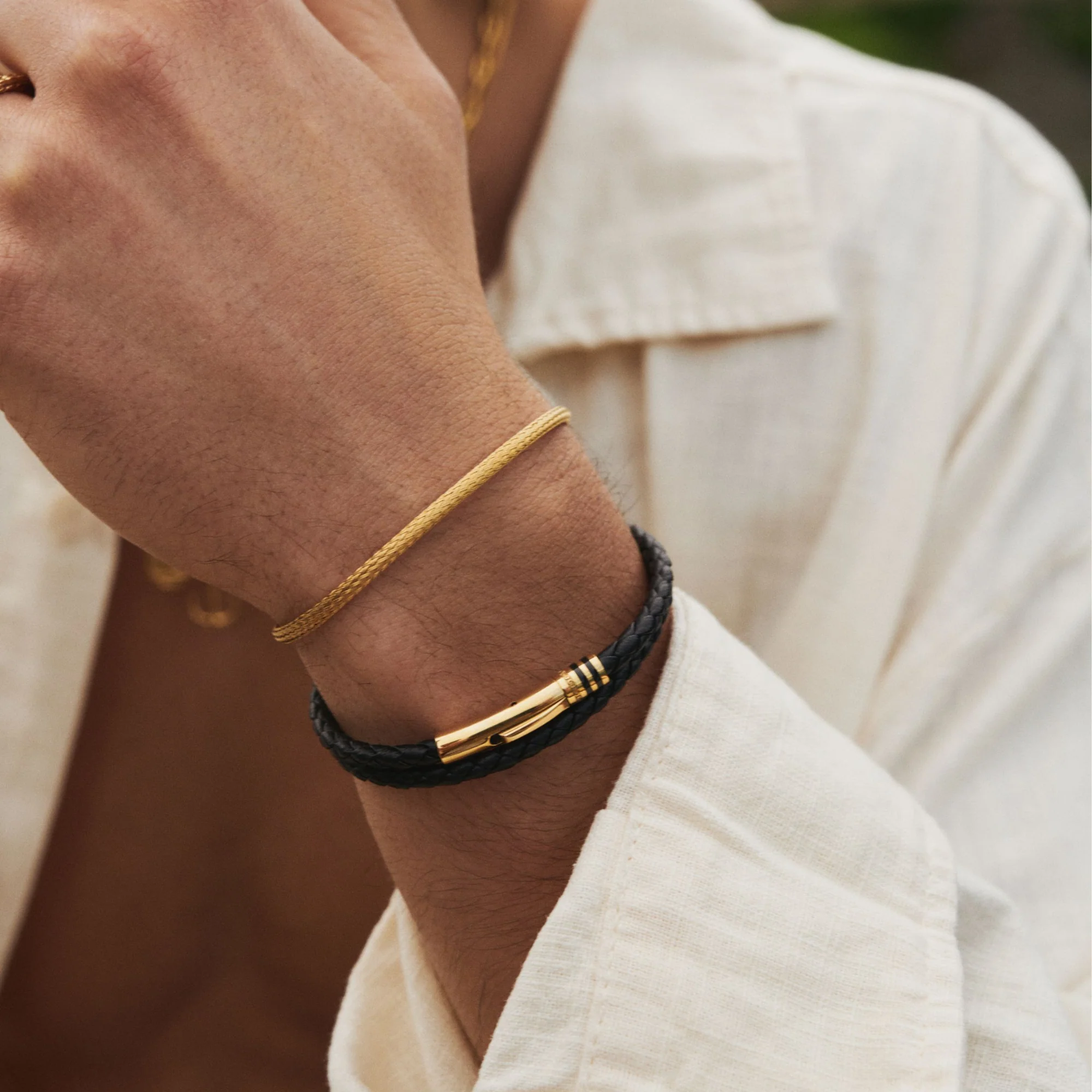 Black Leather Bracelet (Gold) - Image 4