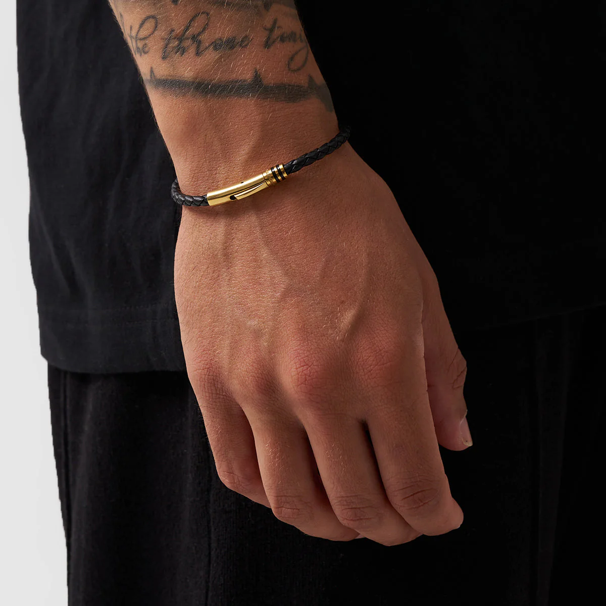 Black Leather Bracelet (Gold) - Image 5