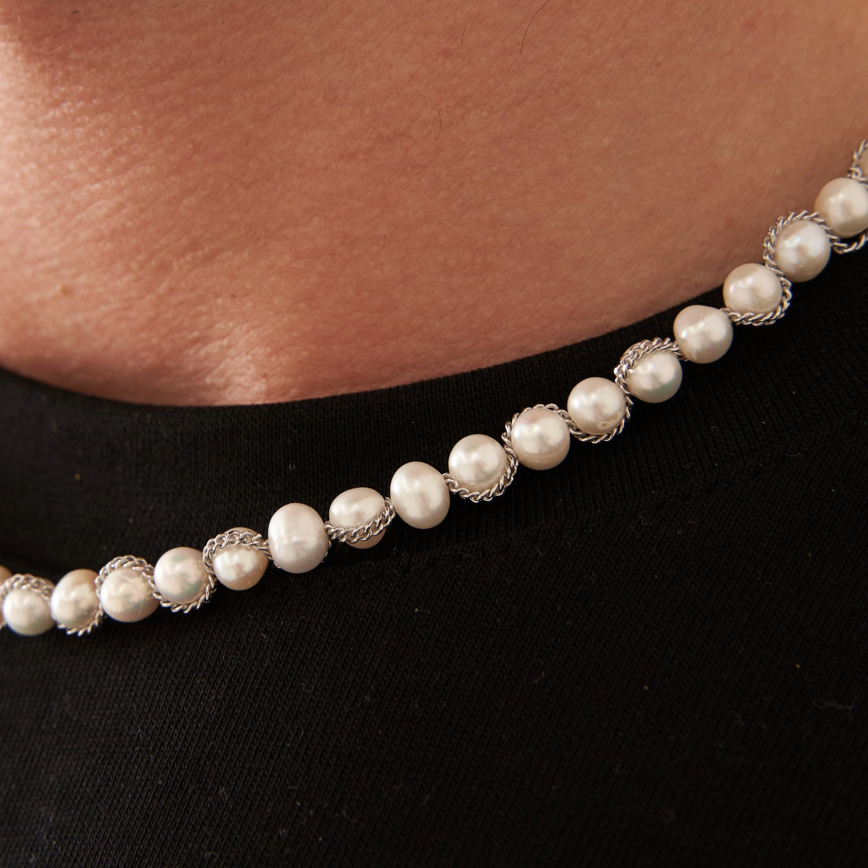 Chain Wrap Real Pearl Necklace (Silver) - Image 4