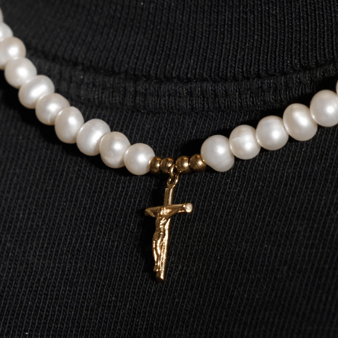 Crucifix Real Pearl Necklace (Gold) - Image 4