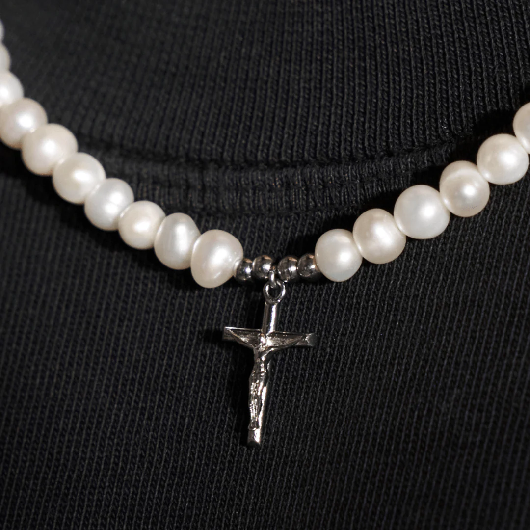 Crucifix Real Pearl Necklace (Silver) - Image 4