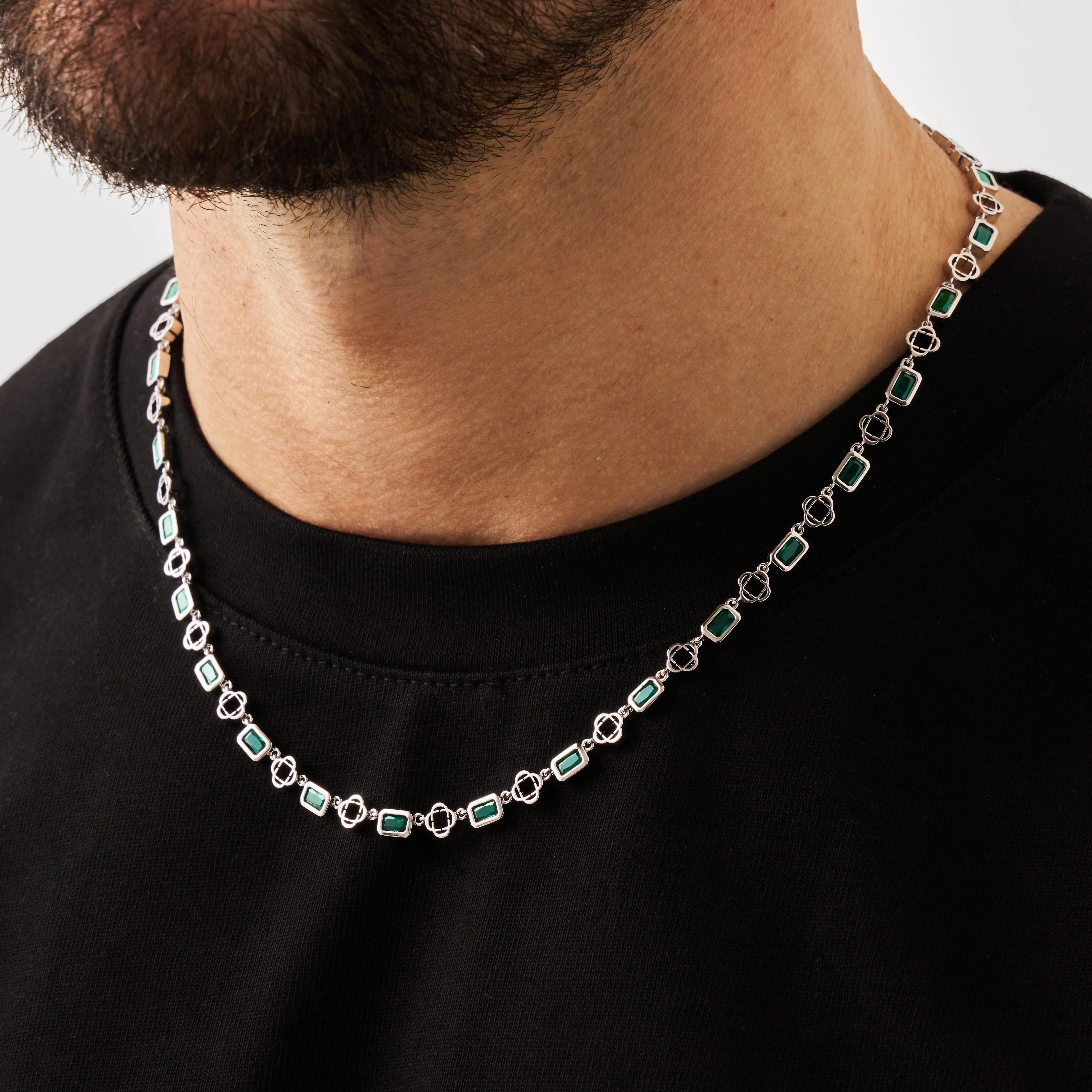 Green Gemstone Clover Necklace (Silver) - Image 3