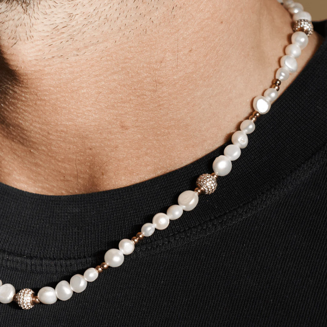Iced Beaded Real Pearl Necklace (Gold) - Image 4