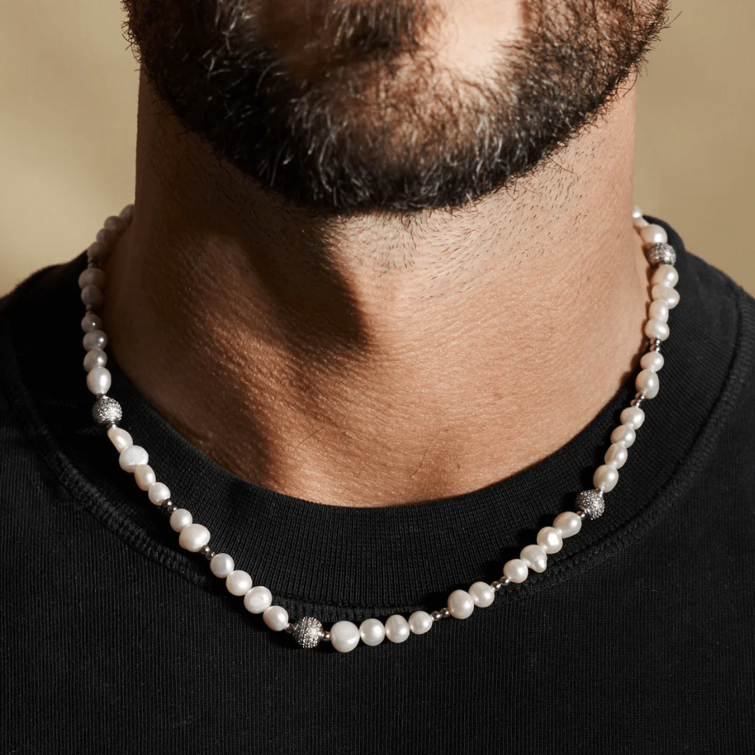 Iced Beaded Real Pearl Necklace (Silver) - Image 2