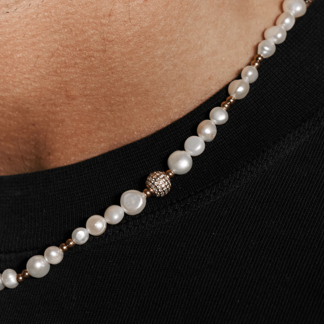 Iced Beaded Real Pearl Necklace (Silver) - Image 4