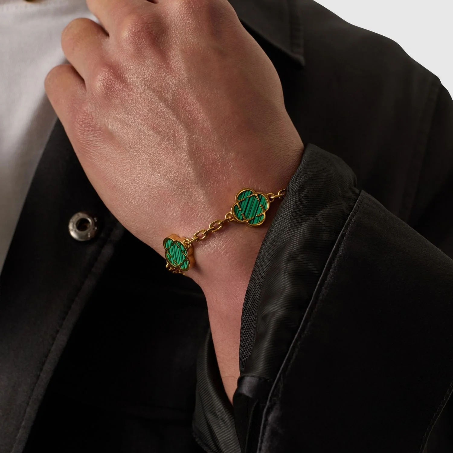 Malachite Clover Stone Bracelet (Gold) - Image 4