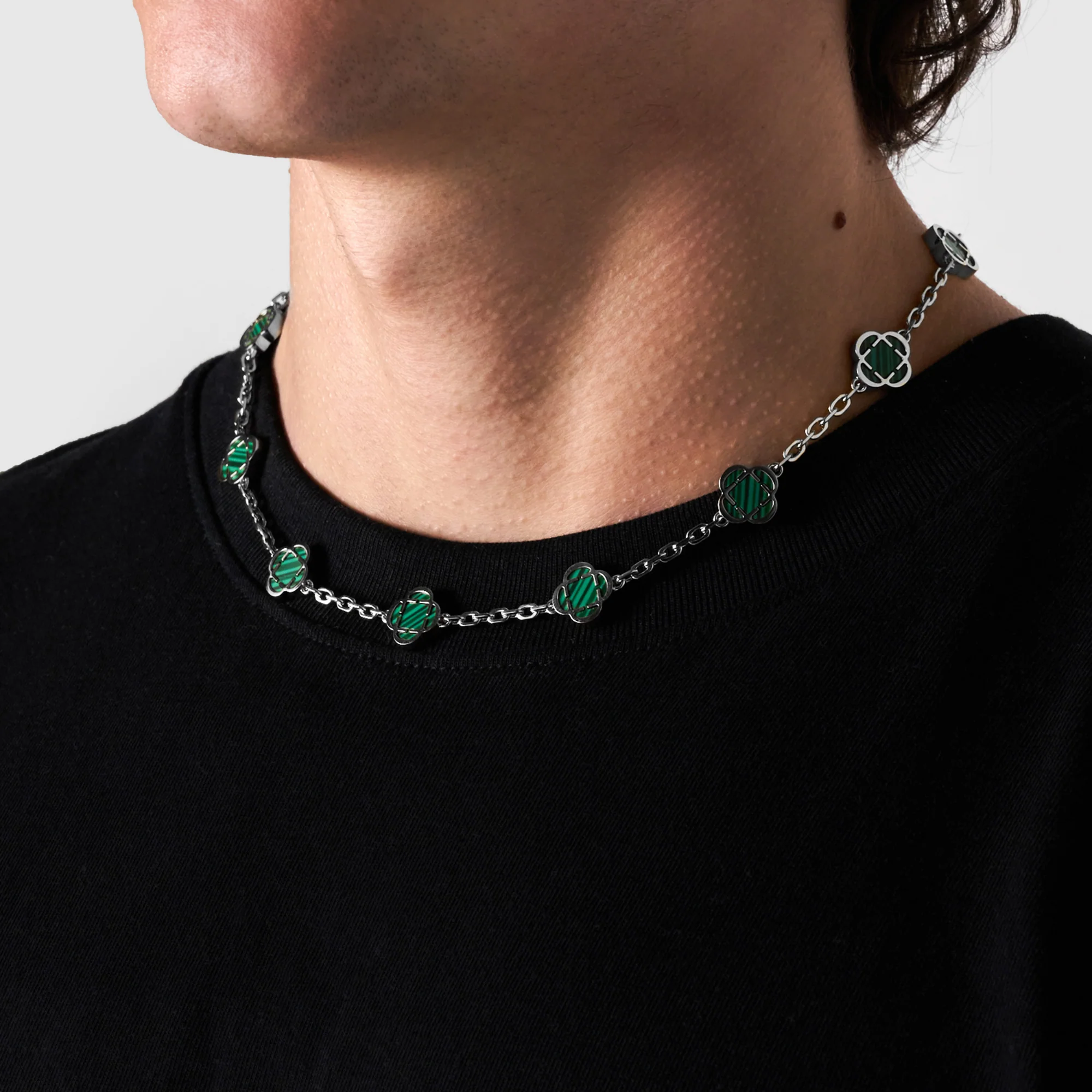 Malachite Clover Stone Necklace (Silver) - Image 4