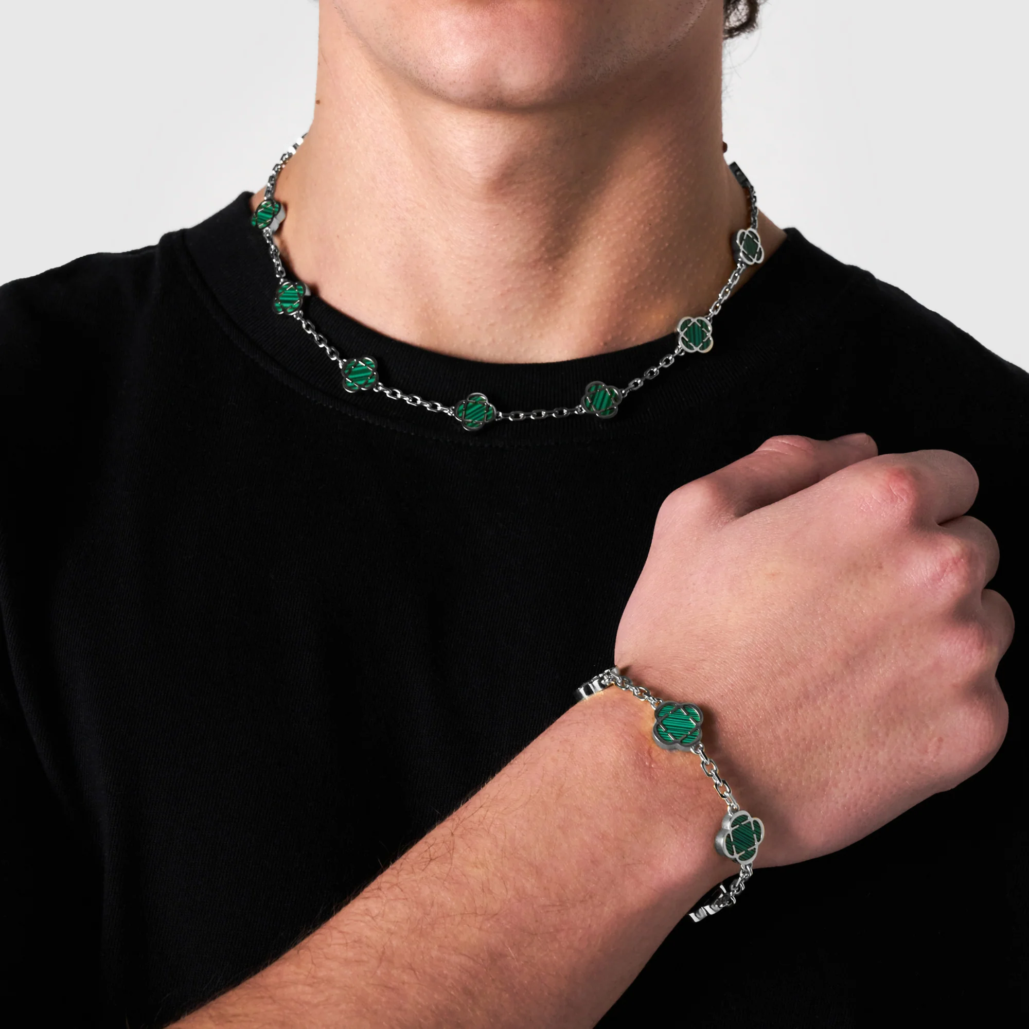 Malachite Clover Stone Necklace (Silver) - Image 8