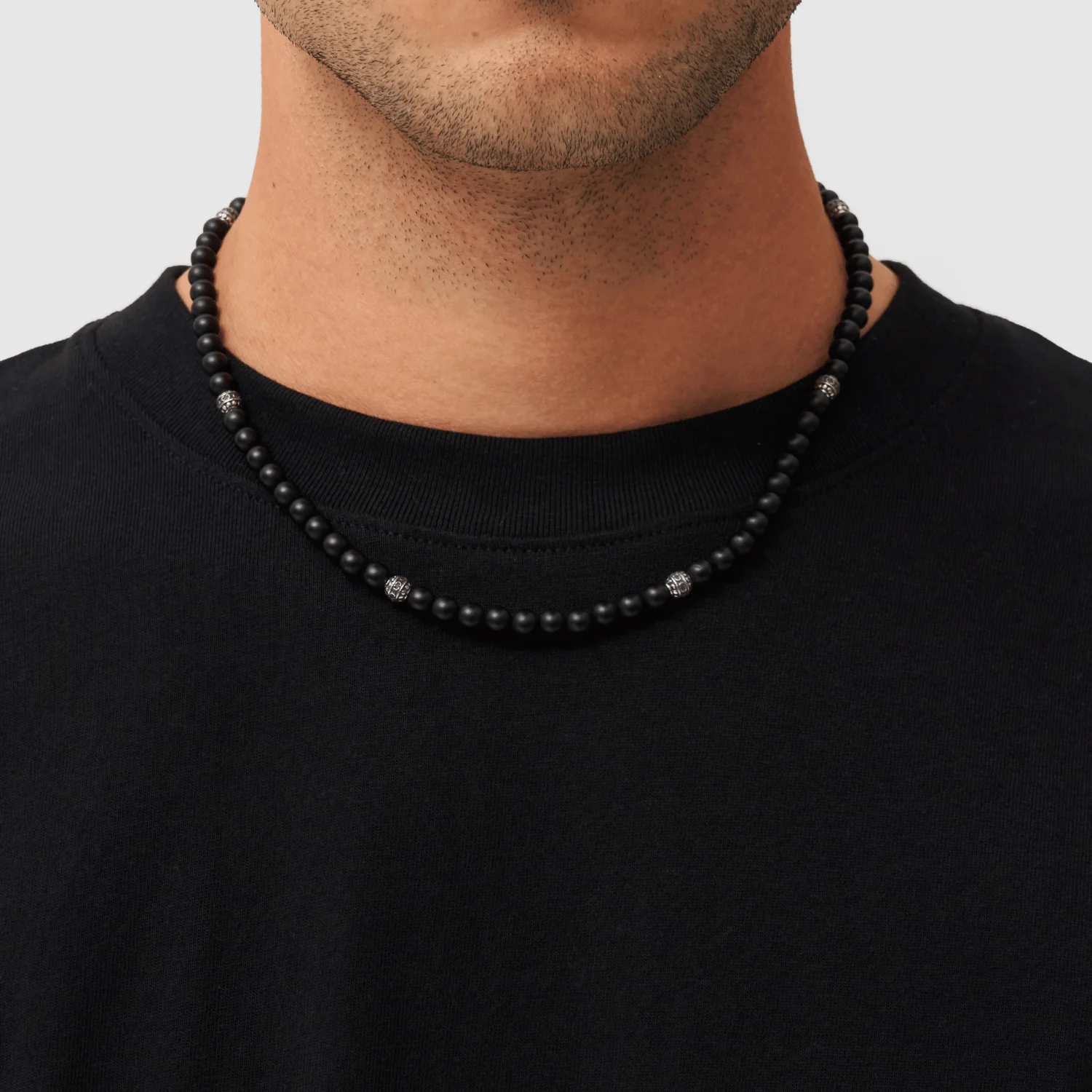 Matte Onyx Beaded Necklace (Silver) - Image 2