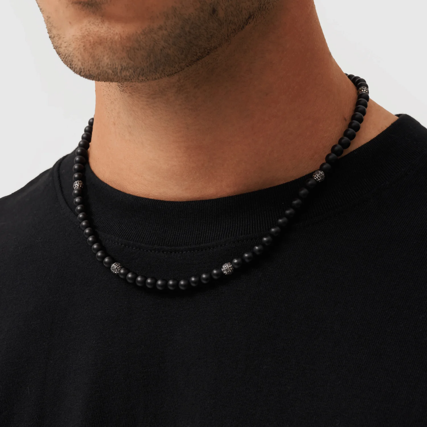 Matte Onyx Beaded Necklace (Silver) - Image 3