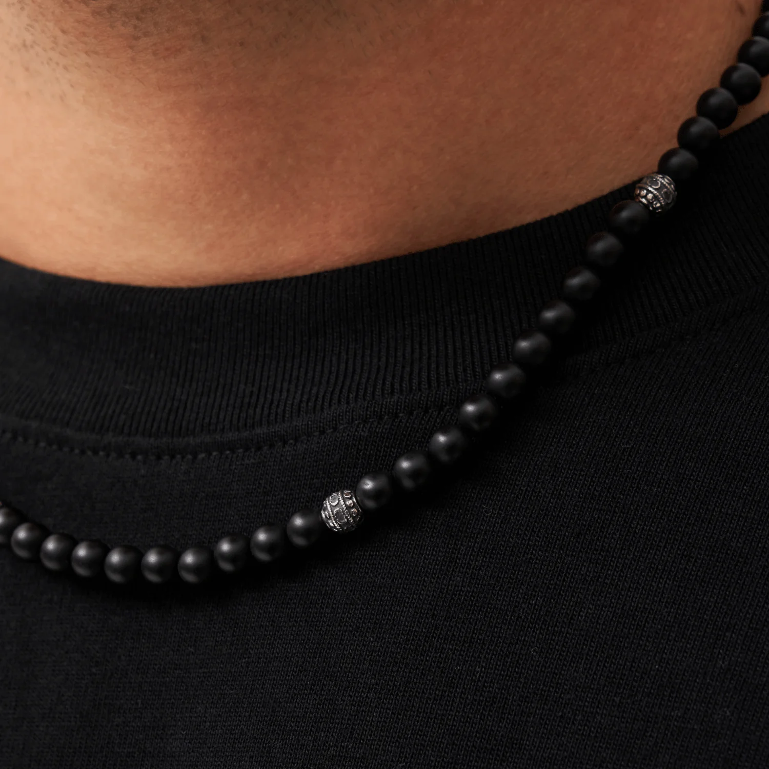 Matte Onyx Beaded Necklace (Silver) - Image 4