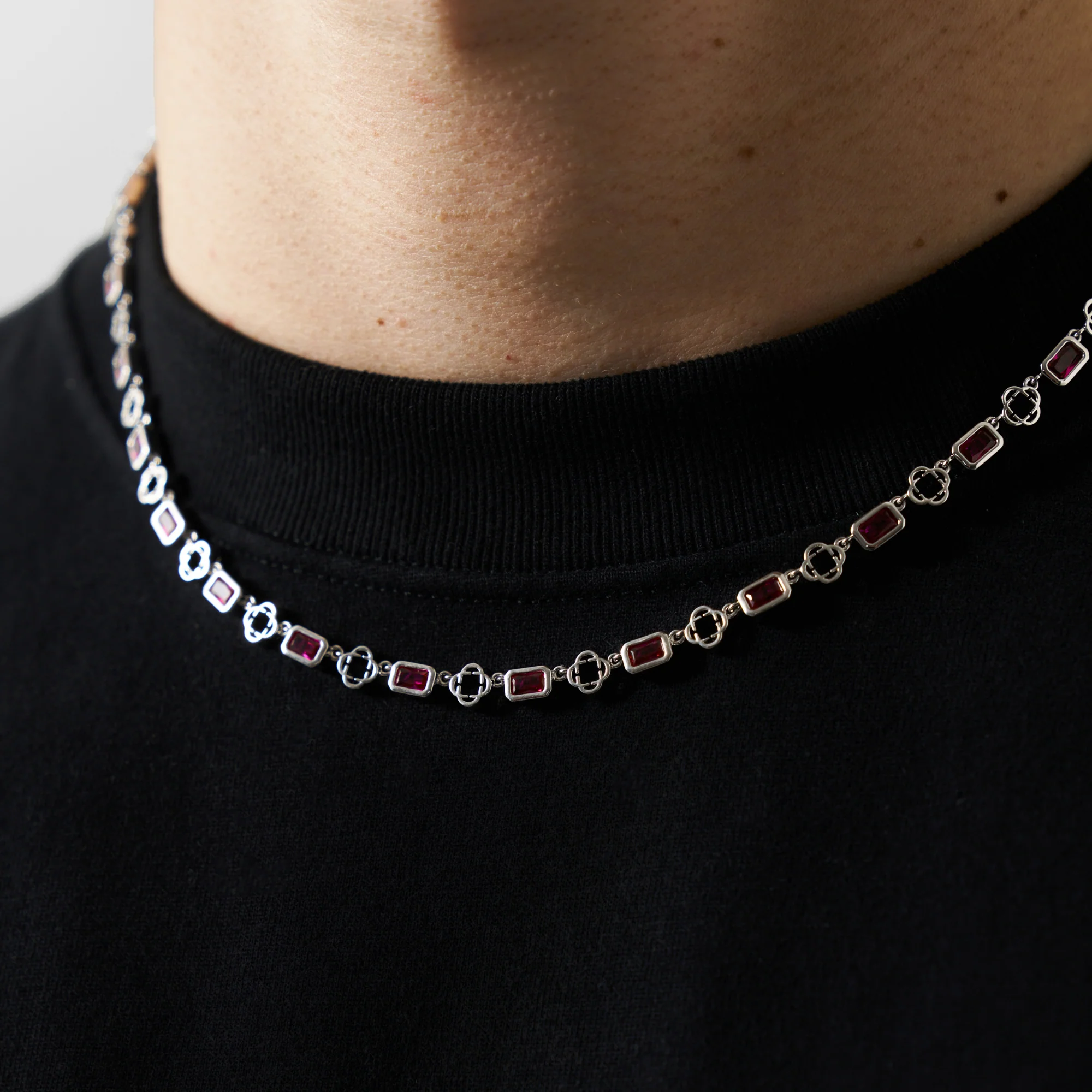 Red Gemstone Clover Necklace (Silver) - Image 5
