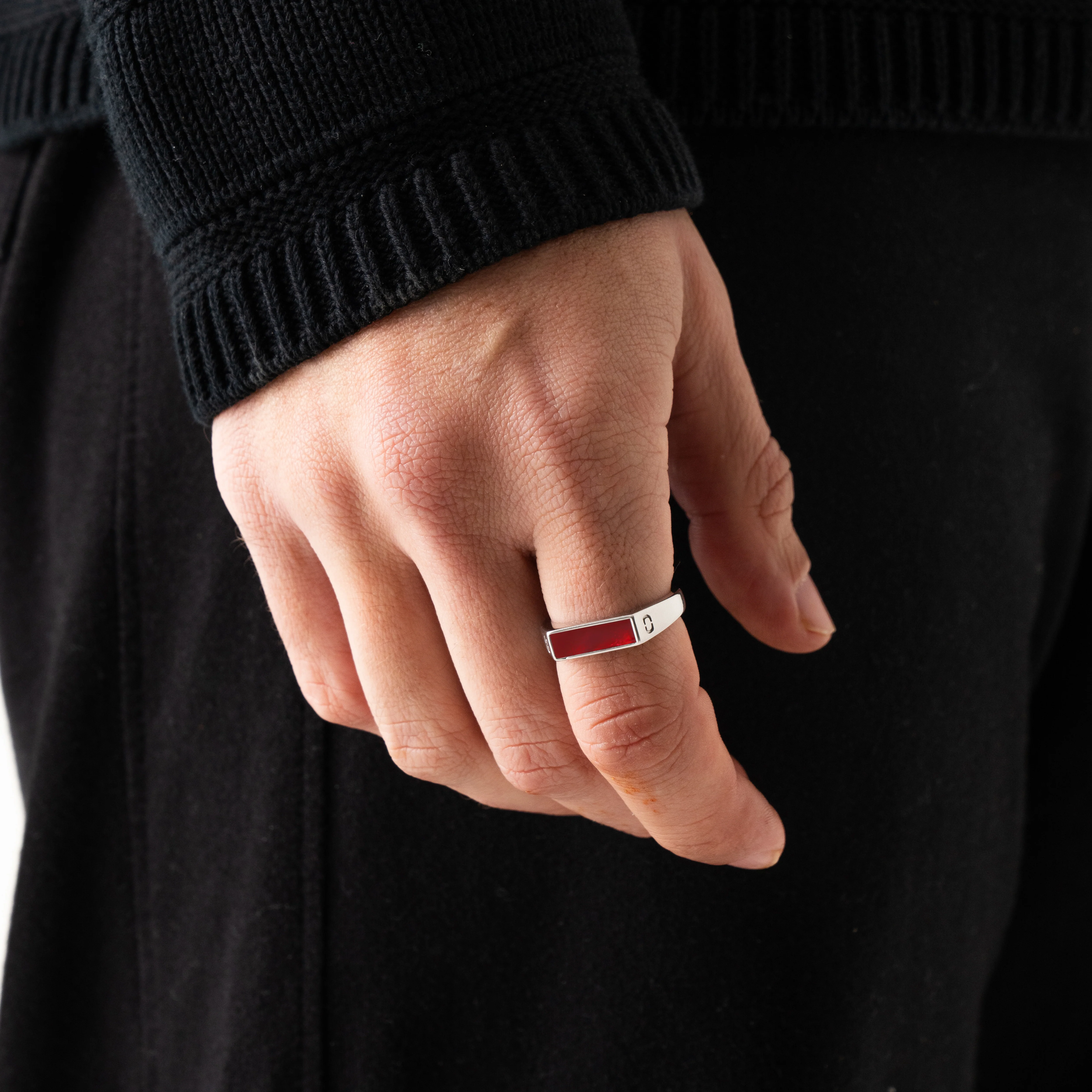 Red Rectangle Stone Signet Ring (Silver) - Image 2