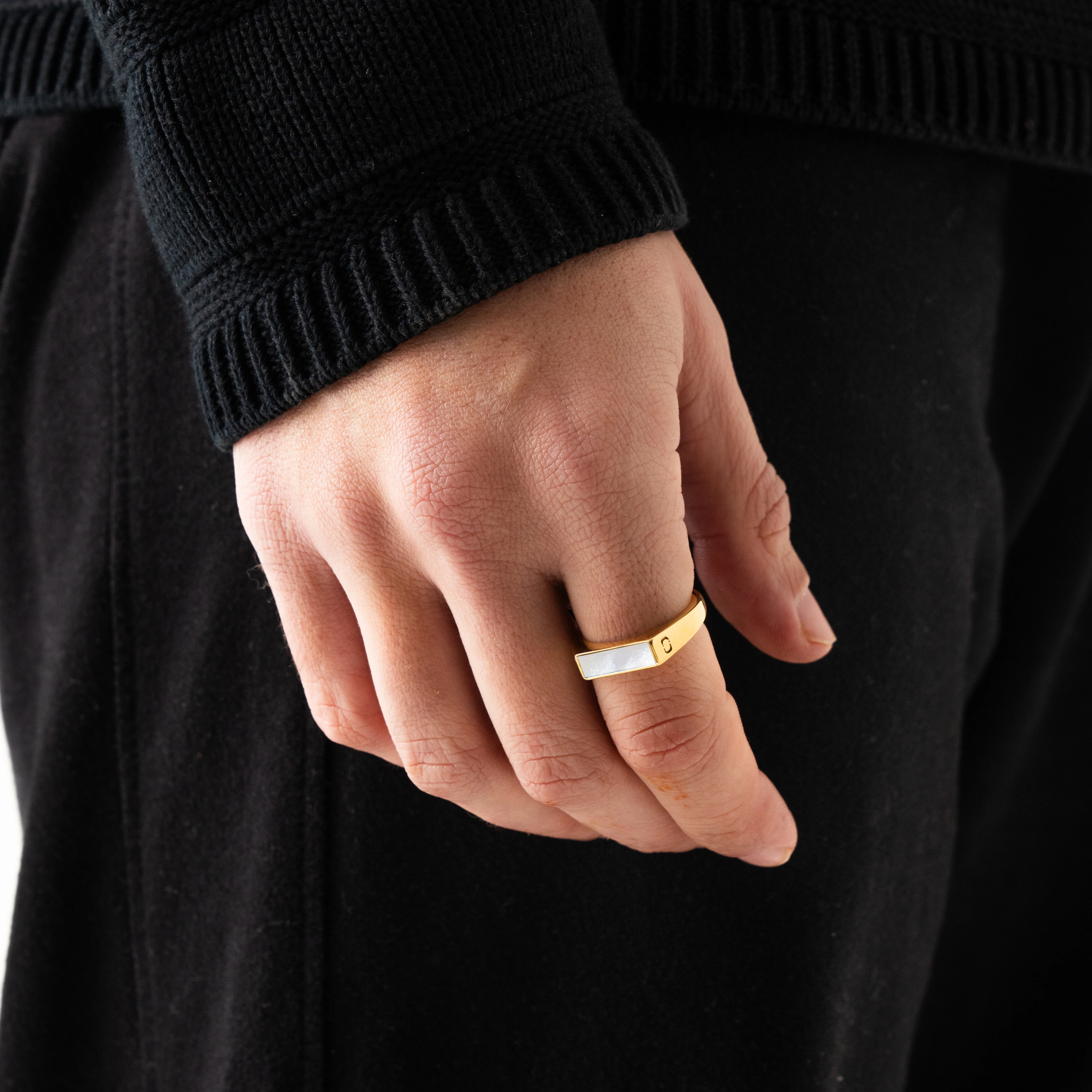 White Rectangle Stone Signet Ring (Gold) - Image 2