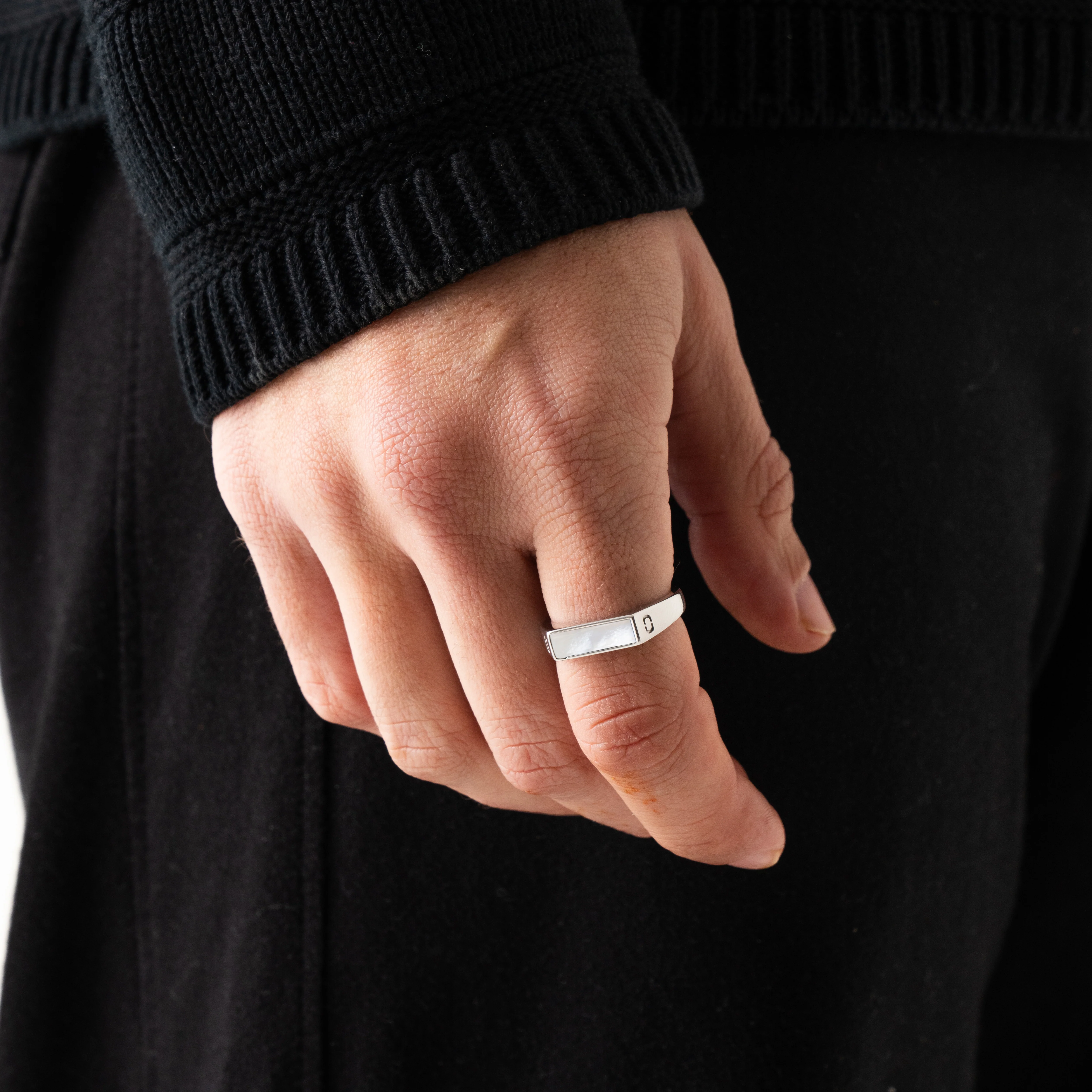 White Rectangle Stone Signet Ring (Silver) - Image 2